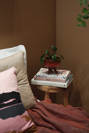 A cozy reading nook with Patacori Livros books stacked beside a green plant.