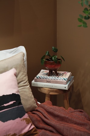 A serene reading corner featuring a leafy plant, a comfy cushion, and a stack of paperbacks.