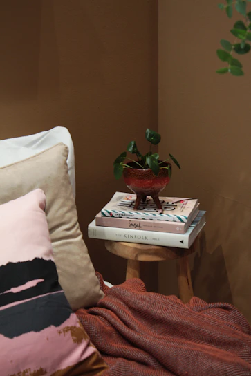 A cozy living room corner featuring stacked rattan cube units with plants and books.