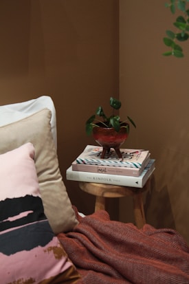 A cozy corner featuring a pile of three books on a small wooden stool, topped with a potted plant in a textured red pot. Two pillows in shades of pink and beige rest against a white cushion, and a rust-colored blanket is draped over the bottom. The background wall is painted in a warm brown tone.
