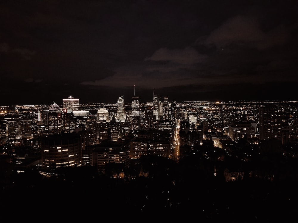 aerial view of city skyline during night time