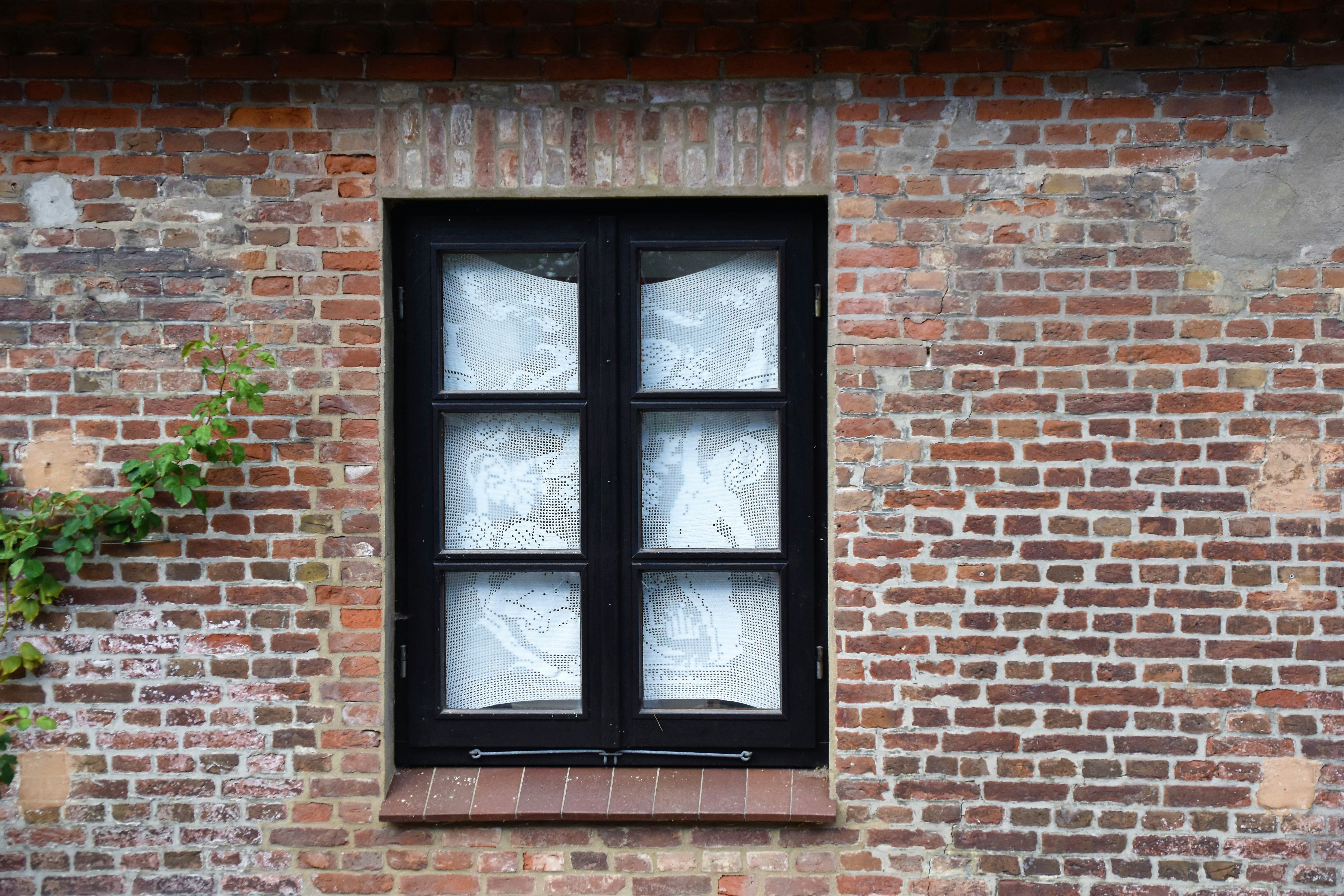black window near brown brick wall