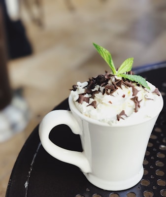 A white mug filled with a creamy beverage topped with whipped cream, chocolate shavings, and a green mint leaf. The mug sits on a black perforated table with a blurred background.