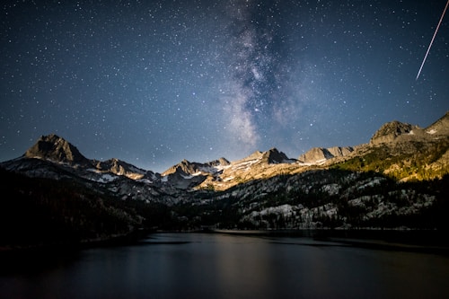 A breathtaking view of a mountain range under a starry night sky. The Milky Way is prominently visible, stretching across the sky. A shooting star or meteor streaks across the right side. The landscape features rugged peaks and a serene body of water reflecting the night sky.
