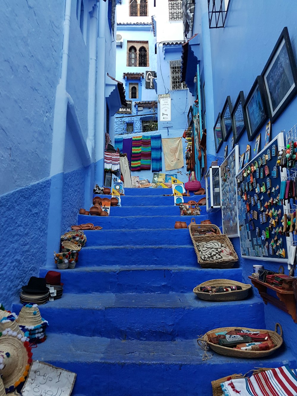 assorted baskets on stair