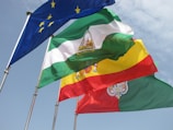 Four flags are waving in the wind against a partly cloudy sky. The flags include the European Union flag with yellow stars on a blue background, a green and white flag with an emblem in the middle, a yellow and red flag with an emblem, and a green and red flag with an emblem.