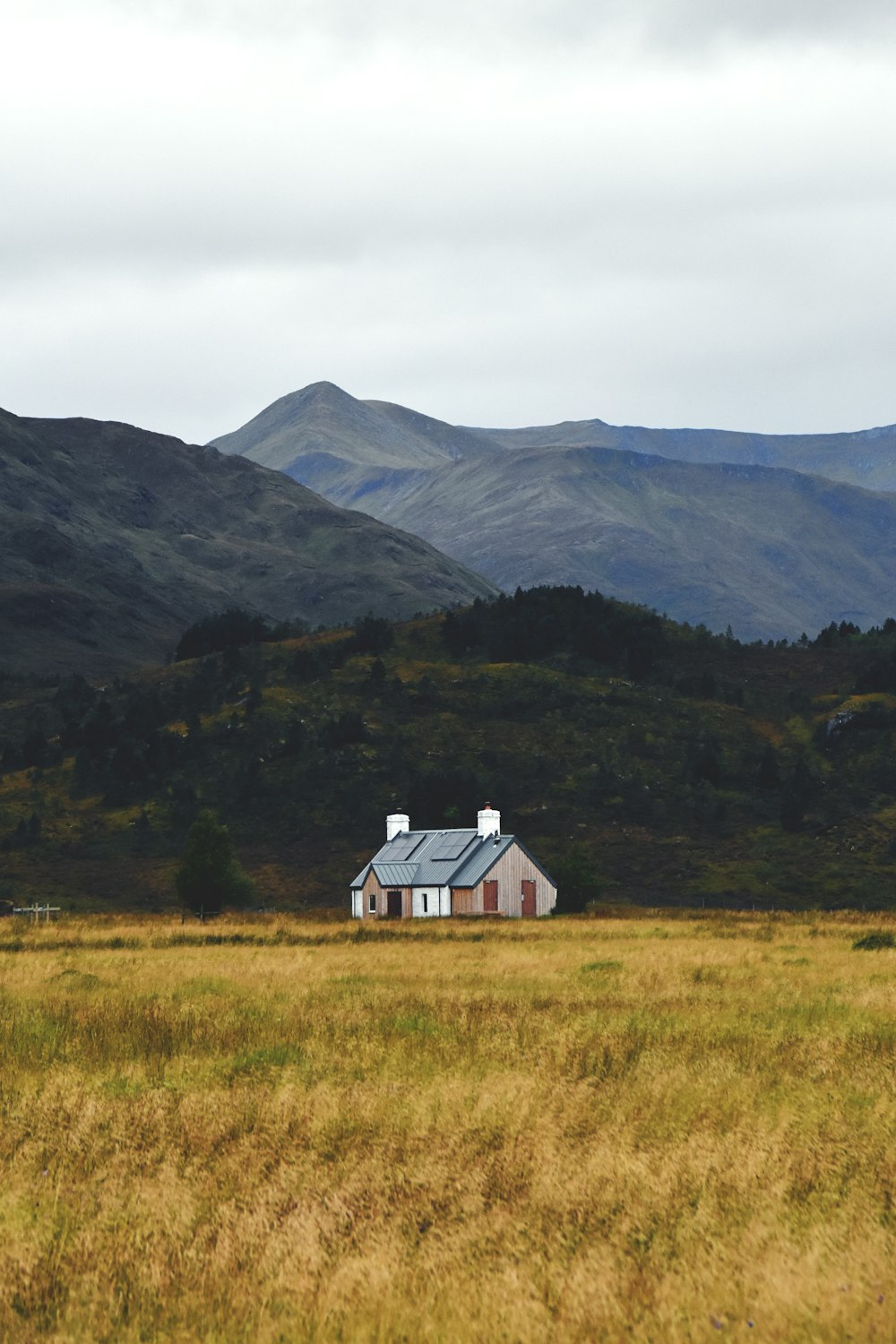 山の背景に白い家