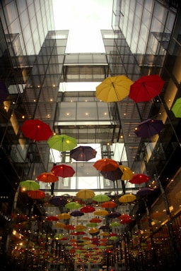 A welcoming office space with umbrellas displayed.
