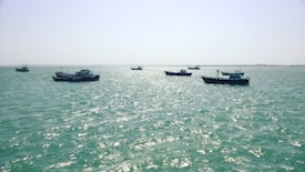 Several fishing boats are scattered across a vast, shimmering body of water under a clear sky. The horizon is faintly visible in the distance, giving a sense of openness and tranquility.