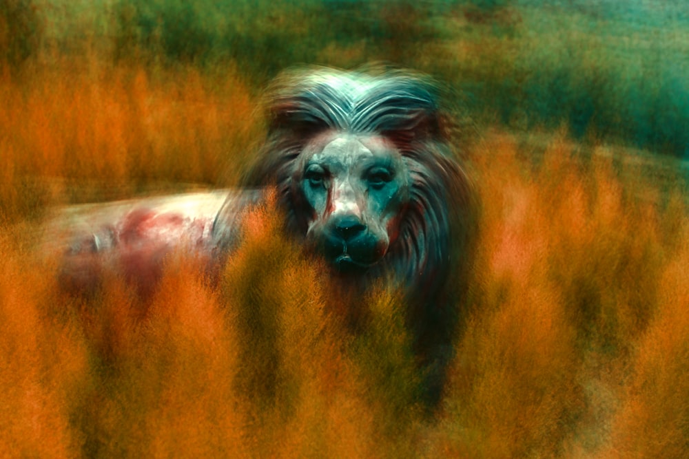 blue and brown lion painting