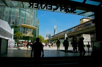 A busy urban setting featuring a modern shopping center with a glass facade labeled Siam Paragon. Several people are walking along a wide, sunny walkway flanked by palm trees and set against a backdrop of skyscrapers and an elevated train track. The scene is framed by a darker covered area, giving a sense of contrast between light and shadow.