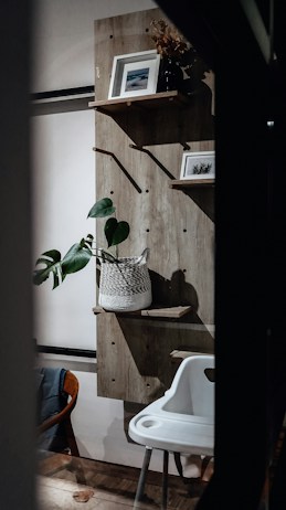 A cozy interior space featuring a wooden wall-mounted shelf with two framed pictures and a potted plant. A white, woven basket holds the green plant. Below, a white high chair with a modern design is positioned next to a wooden and fabric chair. The wooden floor adds warmth to the setting.