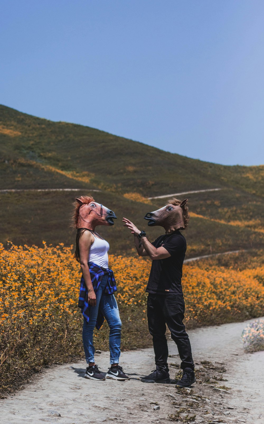 man and woman facing each other while wearing horse masks near flower field during daytime