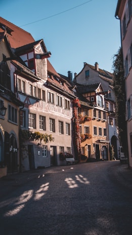 A serene cobblestone street bathed in soft morning light, with delicate shadows from old European buildings.