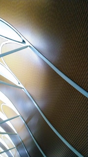 Curved lines and panels create an abstract ceiling design with alternating materials and light patterns. Soft illumination and linear textures emphasize architectural aesthetics.