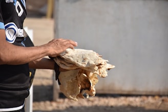 A person is holding several pieces of flatbread, possibly freshly made. The background is out of focus, with a neutral tone. The person's hand and part of the arm are visible, wearing a dark shirt with some logos or designs.