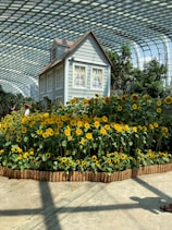 Sunlit porch of the garden cottage with comfortable seating and blooming flowers.