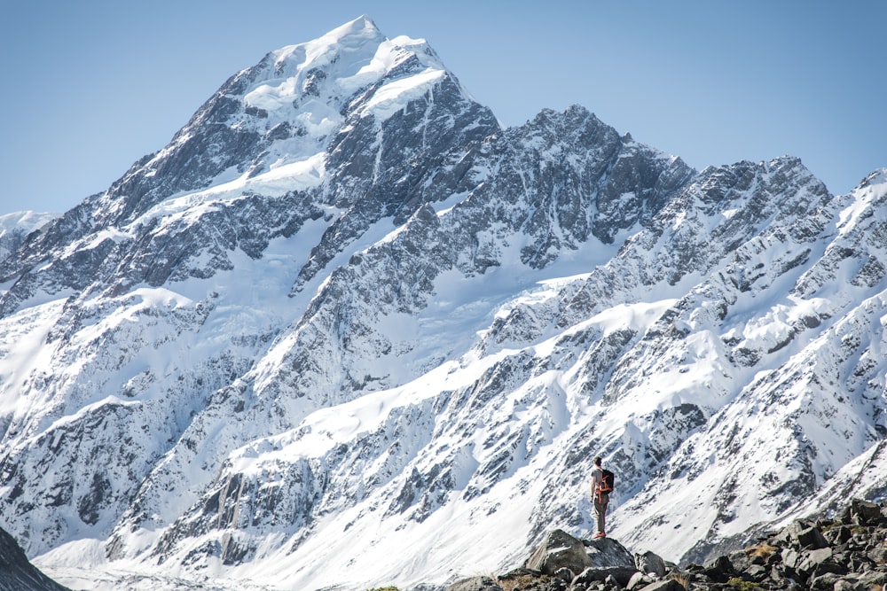 man standing in front of snow mountain
