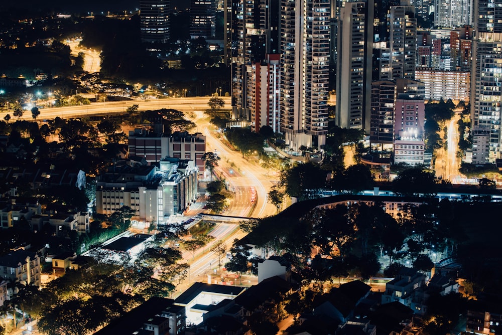 lighted city building at night