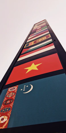 Flags of Saudi Arabia, UAE, Canada, USA, Australia, and Europe surrounding a glowing earth with connected financial lines.