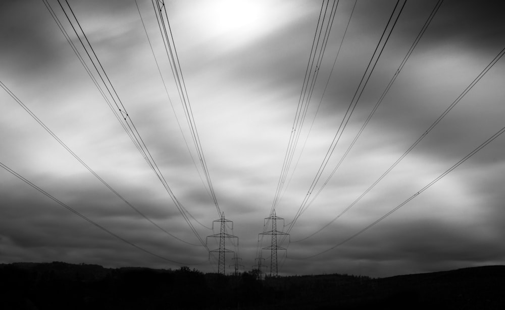 grayscale photo of transmission post