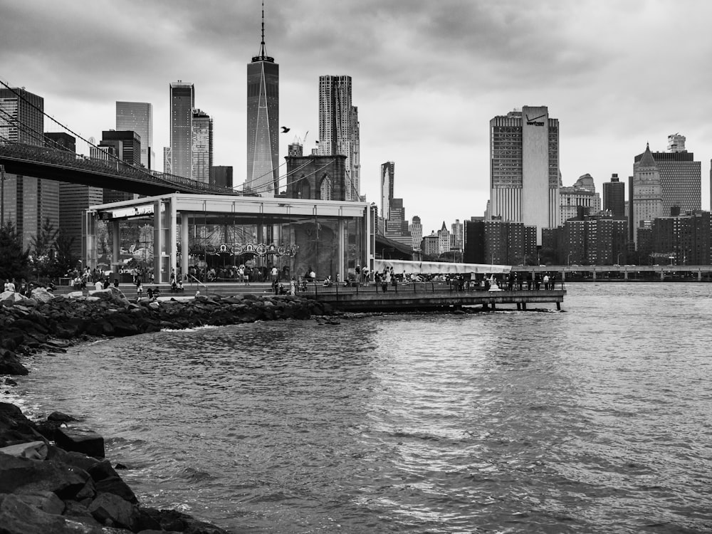 grayscale photo of city seaside