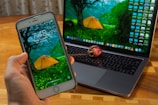 A hand holds a smartphone displaying the same wallpaper as the open laptop in the background. The wallpaper features a yellow tent in a lush green forest setting. A faded rose is placed on the laptop's keyboard, and the image is set on a wooden surface.
