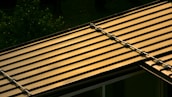 A metal roof with parallel lines reflecting a warm, golden light. The roof structure is visible with brackets or fasteners along the seams. In the background, there is a glimpse of green foliage, likely from nearby trees or plants.