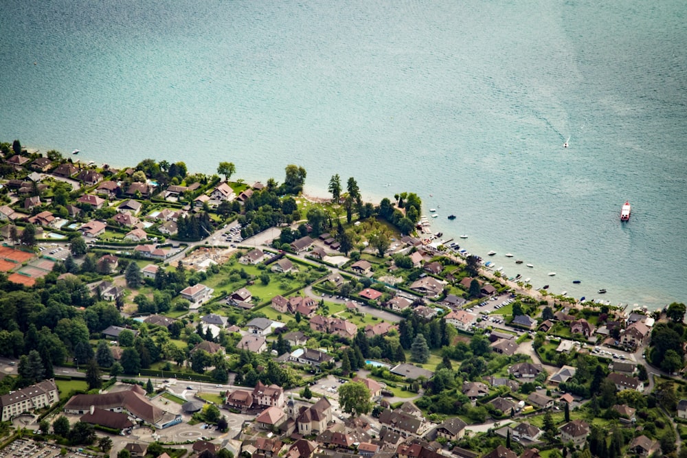 aerial view of city beside body of water