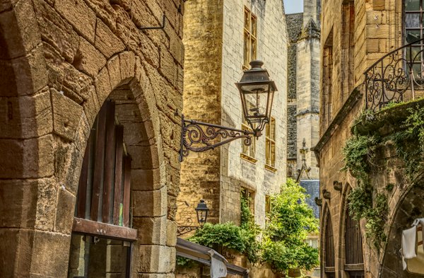 A carved stone doorway in the old town — Sarlat, France