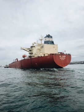 A large cargo ship with a red hull and white superstructure travels across the ocean. The sky is overcast with gray clouds, creating a muted atmosphere. The ship is moving away from the viewer, showing its stern and a part of the name marked ‘NS ASIA MONROVIA’. The water surrounding the ship is a deep blue-green color, slightly choppy with small waves.