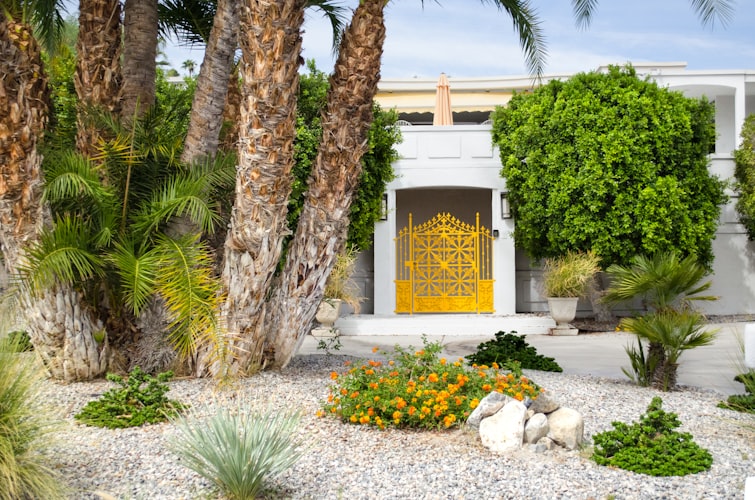 Yellow gate on white house in Palm Springs