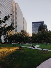 Contemporary urban park with greenery, benches, and walking paths at sunset.