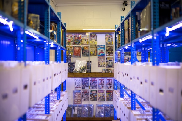 Rows of shelves filled with white storage boxes line the sides, with colorful comic book covers displayed on the wall at the far end. The shelving units are painted bright blue, contrasting with the neutral tones of the boxes and the vivid colors of the comics.