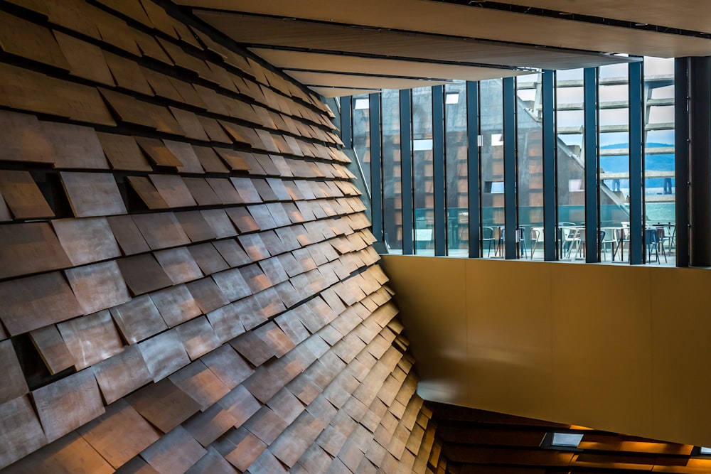 a wall made of wooden planks in a building