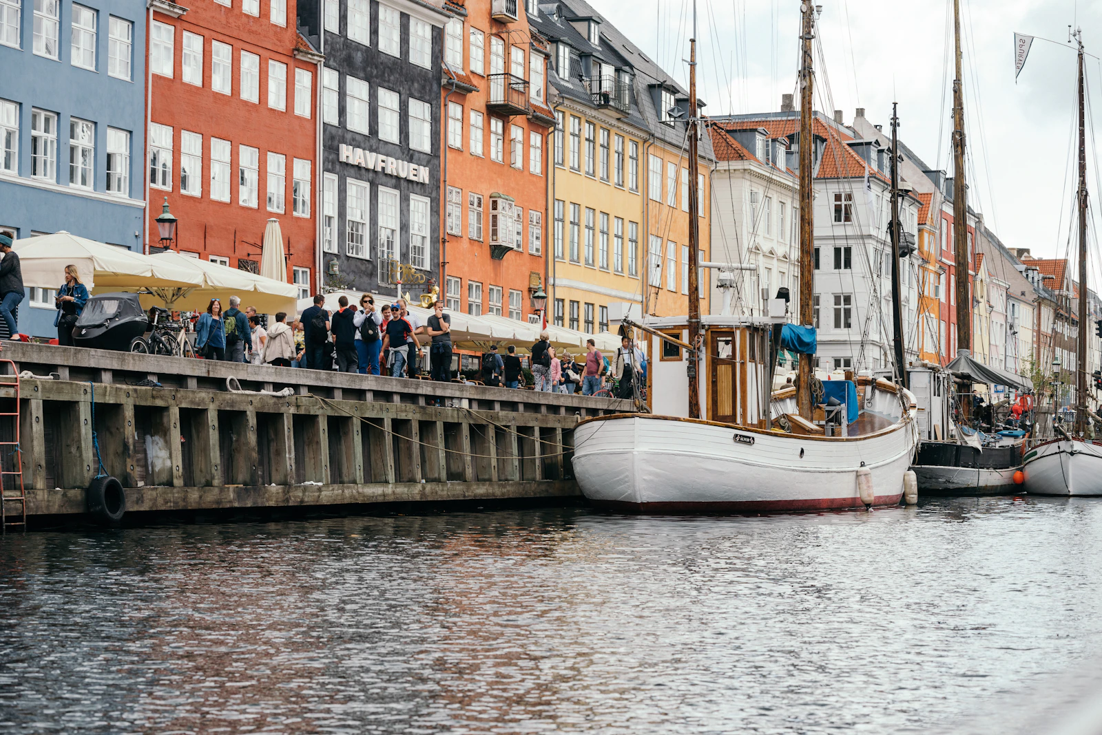 Nyhavns havnefront med både, København