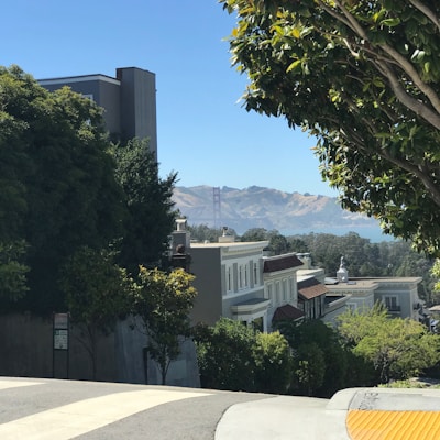 A hilly urban neighborhood with a view of distant hills and a prominent bridge partially obscured by trees and buildings. The foreground shows a sloping street and lush greenery surrounding modern residential architecture.