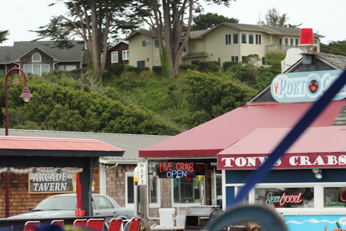 A coastal scene with buildings featuring signage for a seafood restaurant called Tony's Crabs. The foreground has a roof with a red awning and a neon sign indicating live crab is available. There are additional structures like an arcade tavern with seating, and lush green trees and residential houses are visible on a hill in the background.