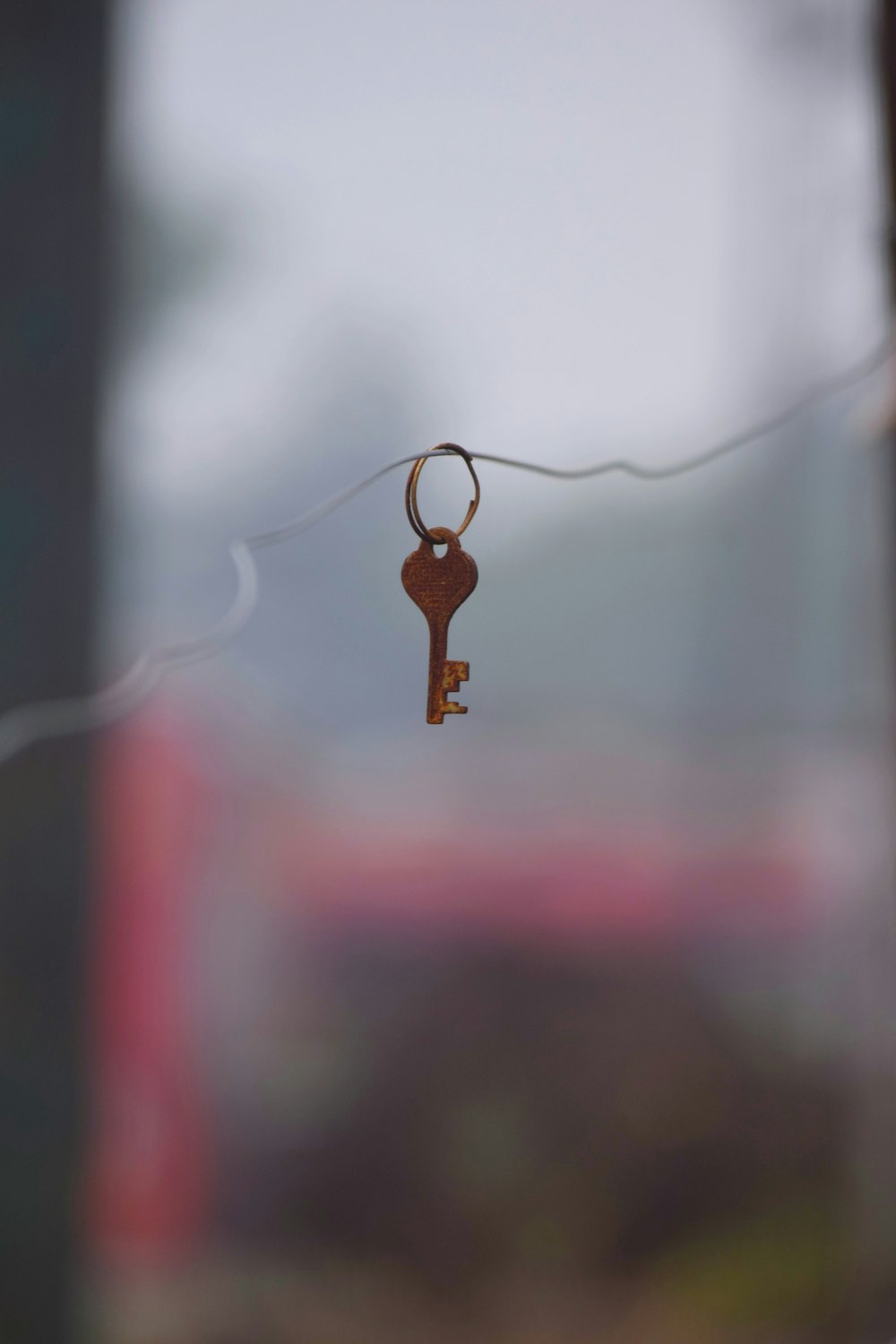 selective photo of grey steel key hanged on wire