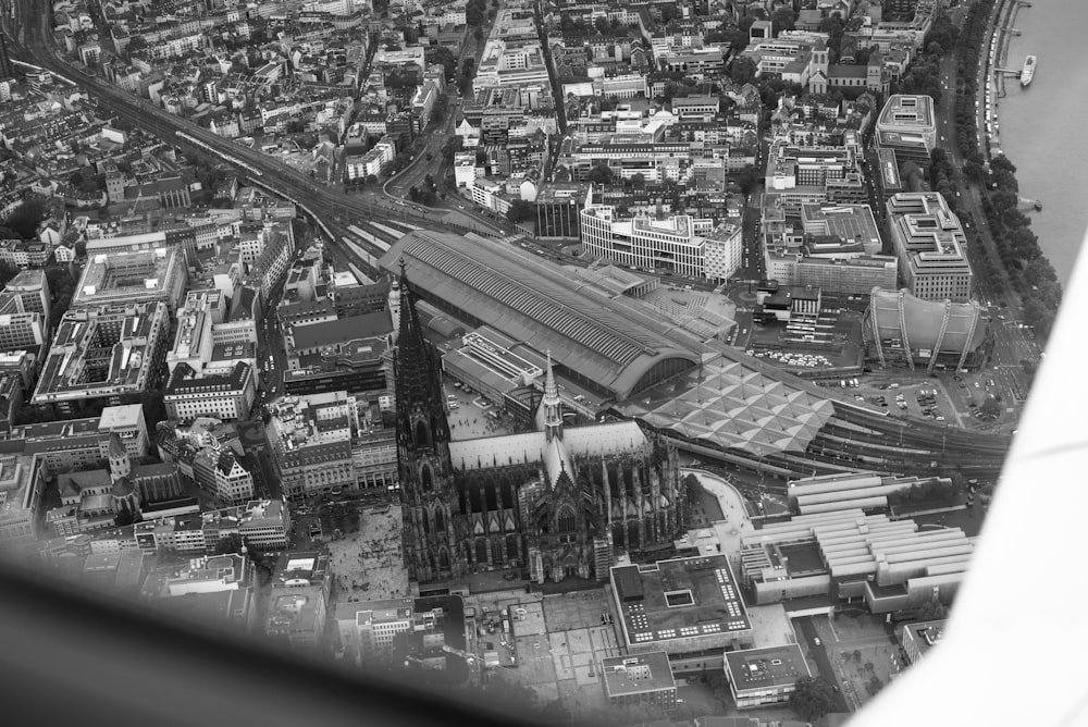 grayscale aerial view photo of cathedral