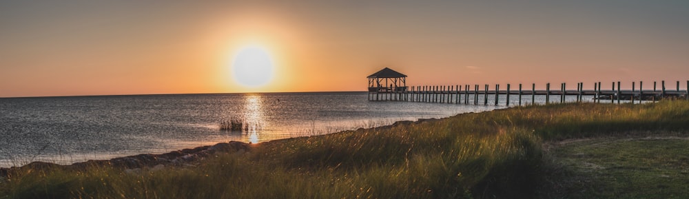 golden hour photography of wooden dock