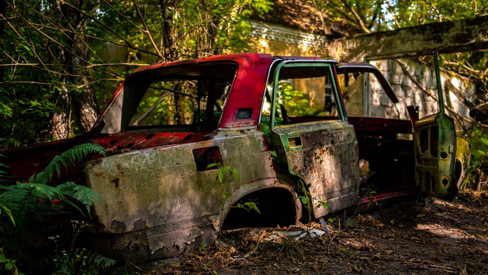 abandoned red and green sedan body shell in forest during daytime