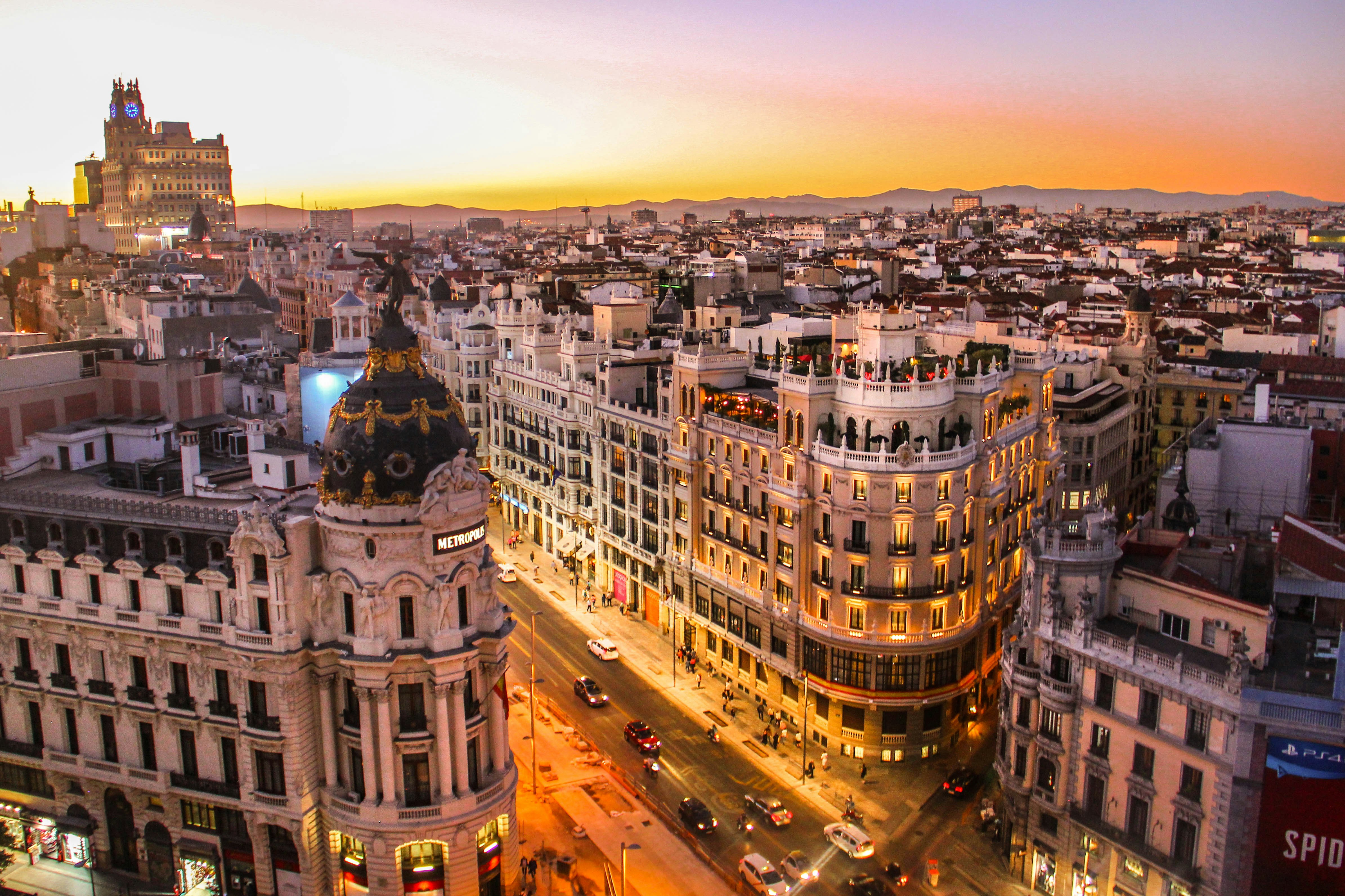 Sunset view of Gran Via in Madrid