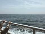 A vast expanse of ocean stretches toward the horizon under a bright sky. The water appears choppy with white caps visible, and the sunlight glistens off its surface. In the foreground, a child, partially visible, holds onto the railing of a boat, creating a sense of adventure or travel.