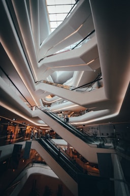 depth with layering for photo composition,how to photograph find me around; interior photo of a mall's escalators
