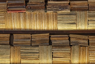A collection of vintage books and magazines stacked on shelves. The covers and spines exhibit significant wear and aging, with faded colors and visible text. Some books are stacked horizontally while others are vertically arranged, creating a textured and layered appearance.