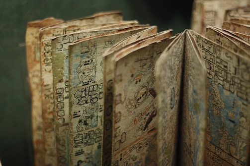An ancient manuscript with intricate, detailed illustrations and glyphs on its aging pages. The pages are slightly frayed, showcasing various symbols and drawings that suggest a historical or archaeological theme.