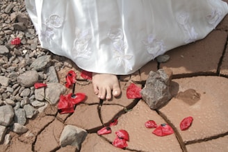 A bare foot partially covered by a white dress embroidered with floral designs is stepping on cracked, dry earth. Surrounding the foot are scattered red flower petals and rocks, creating a contrast between the delicate petals and the harsh terrain.