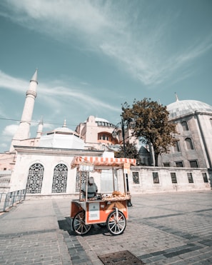 A street vendor cart with an orange and white striped canopy is stationed on a paved path, selling baked goods. The vendor is standing behind the cart, and the scene takes place in front of a historic building with domes and minarets. The sky is clear with a few clouds.