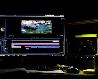 A sleek dark-themed editing suite with multiple screens showing video timelines and motion graphics.